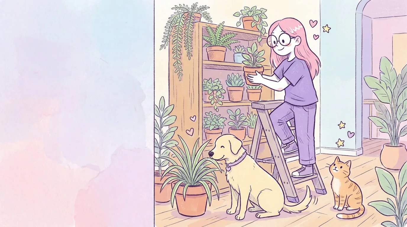 Ilustración: mila coloca plantas en un estante alto mientras el gato naranja mira desde el suelo y Térra olfatea una planta segura en el piso