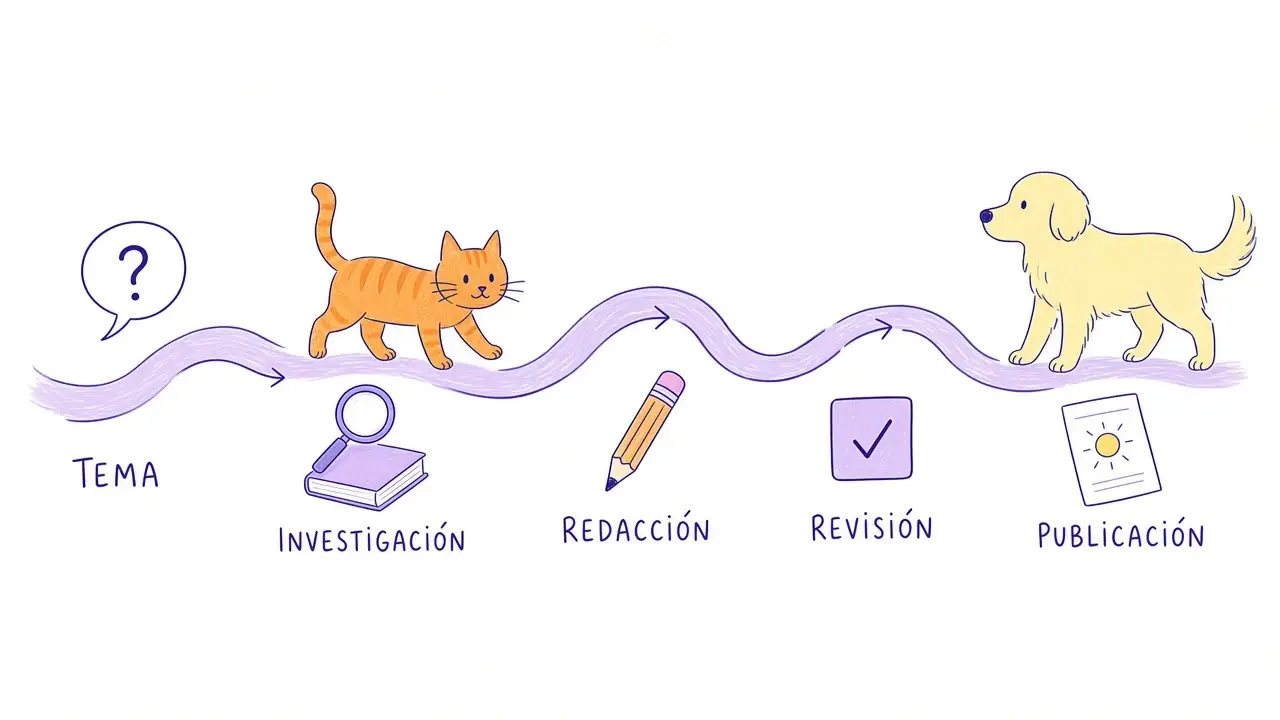 Infografía ilustrada con los cinco pasos del proceso editorial de Terramascota: tema, investigación, redacción, revisión y publicación