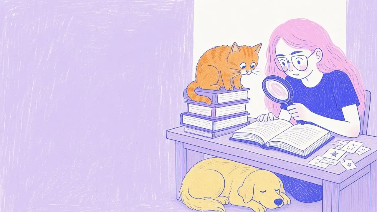 Ilustración de una mujer de pelo rosa con gafas revisando libros y notas junto a un golden retriever y un gato naranja
