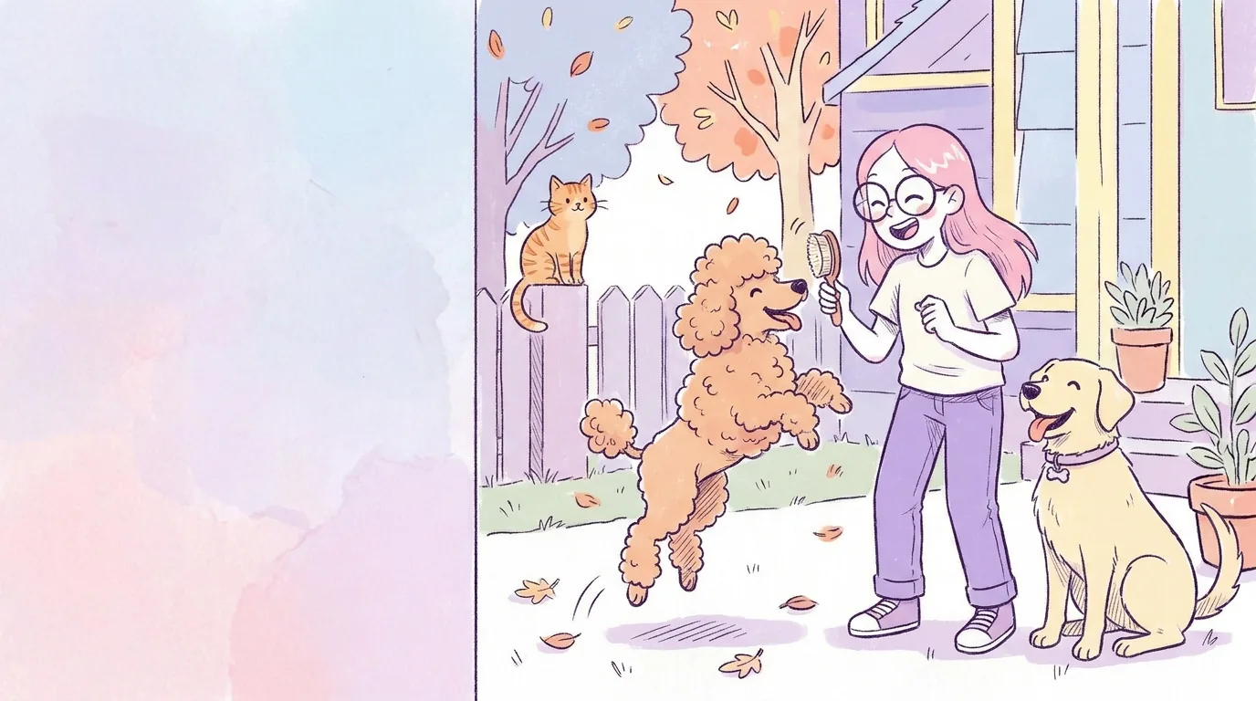 Ilustración: un poodle mediano color albaricoque con pelo rizado saltando alegre mientras Mila sostiene un cepillo