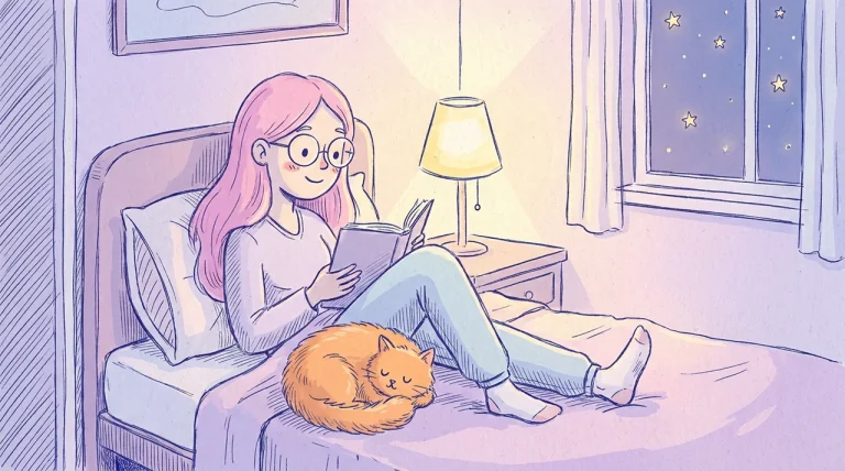 Ilustración nocturna de un gato naranja durmiendo hecho un ovillo sobre el edredón junto a las piernas de una mujer de pelo rosa que lee un libro en la cama bajo la luz cálida de una lámpara