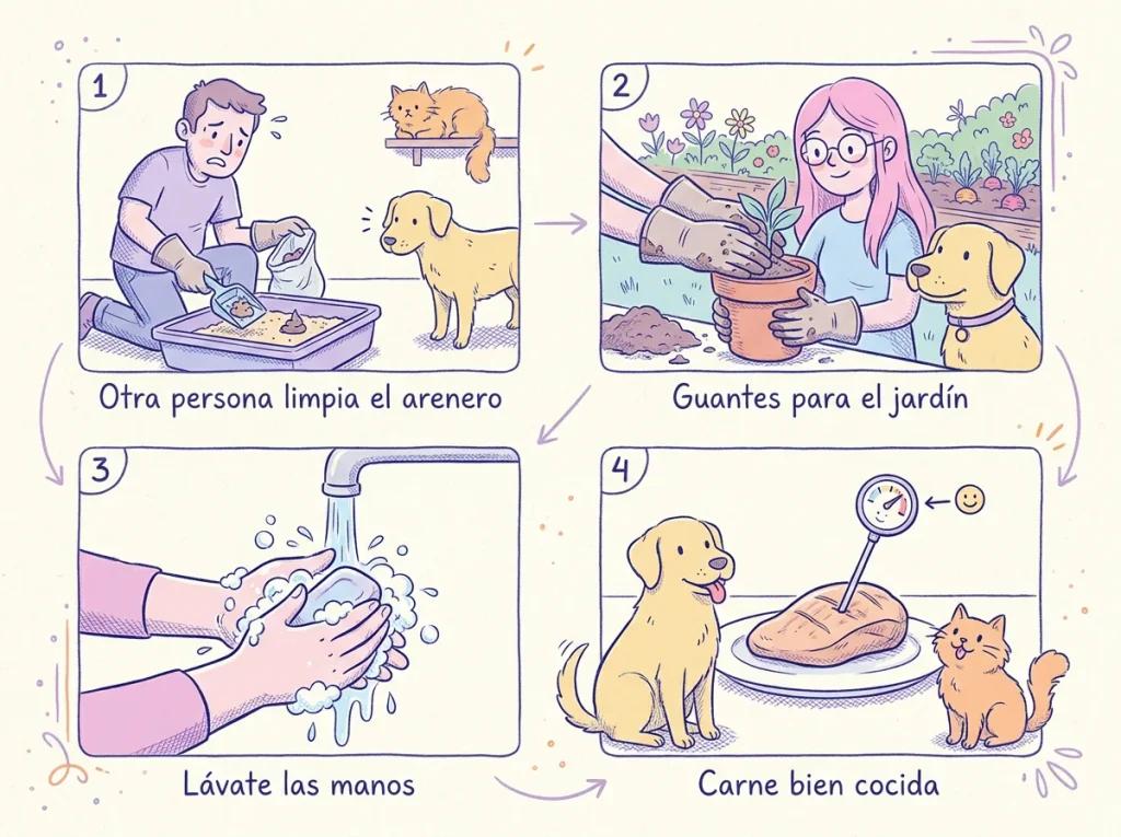 Infografía con cuatro precauciones para convivir con un gato en el embarazo: que otra persona limpie el arenero, usar guantes en el jardín, lavarse las manos y comer carne bien cocida