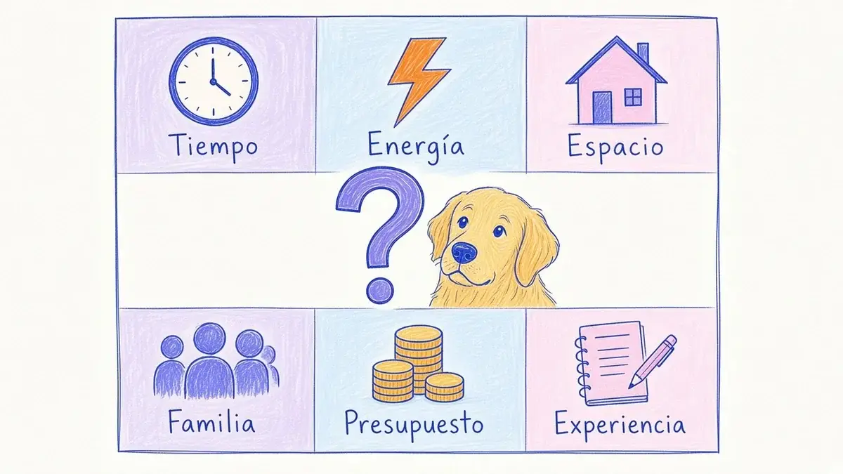 Seis preguntas para elegir raza de perro Infografía ilustrada con seis preguntas representadas por íconos: tiempo, energía, espacio, familia, presupuesto y experiencia