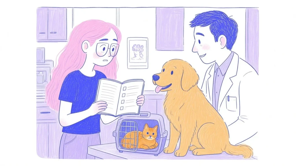 Ilustración de una mujer de pelo rosa con una libreta de preguntas conversando con un veterinario mientras un golden retriever espera