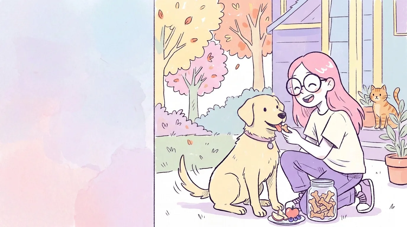Ilustración: mila da un pequeño premio a Térra que está sentada, junto a un frasco con galletas y algunas frutas seguras