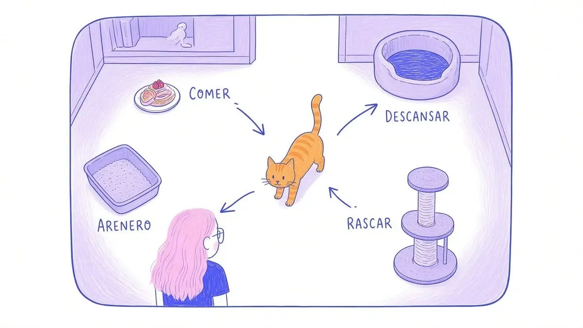 Infografía ilustrada de una habitación de gato con cuatro zonas: comer, arenero, descansar y rascar