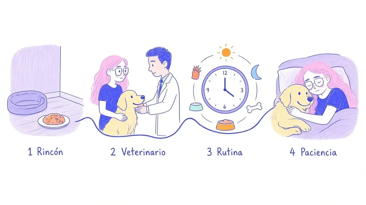Infografía ilustrada con cuatro pasos para preparar la llegada de un perro: rincón, veterinario, rutina y paciencia