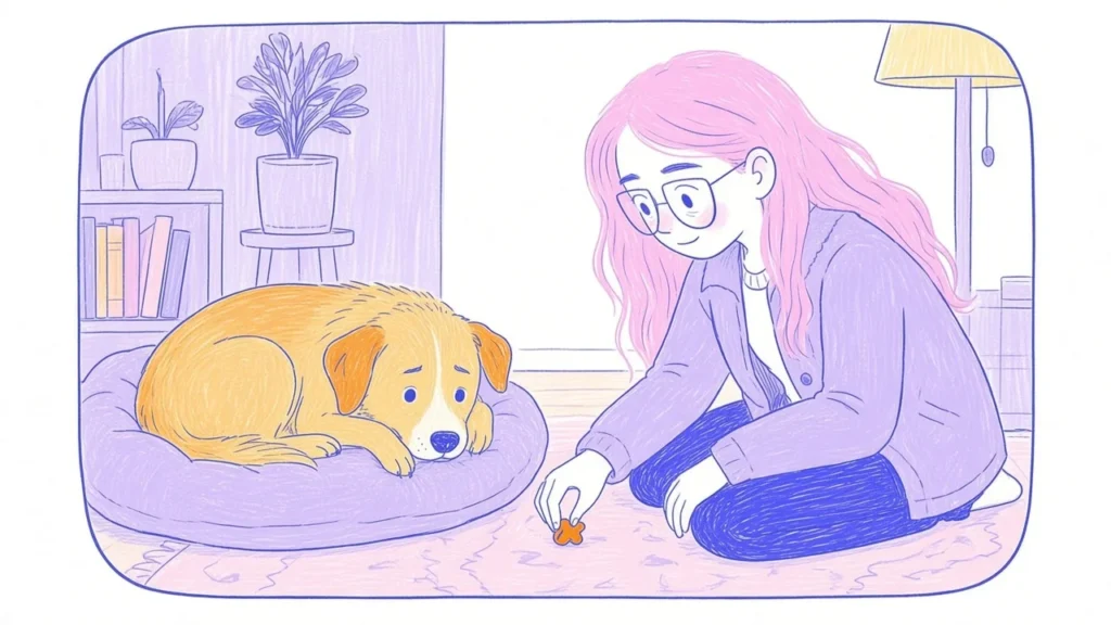 Ilustración de un perro mestizo tímido descansando en una cama junto a una mujer de pelo rosa que lo mira con ternura