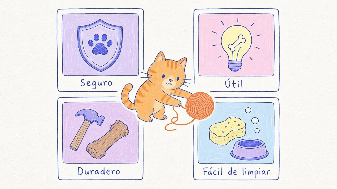 Infografía ilustrada con cuatro criterios para elegir productos para mascotas: seguro, útil, duradero y fácil de limpiar