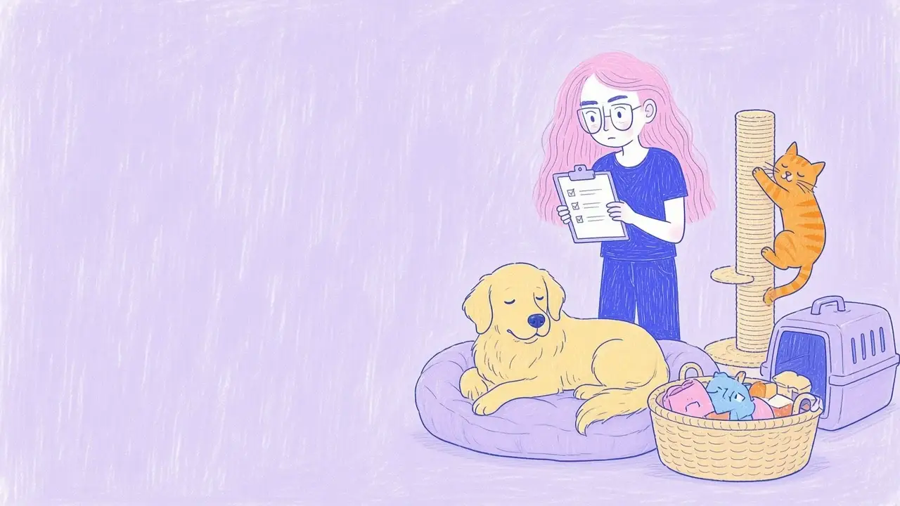 Ilustración de una mujer de pelo rosa con gafas eligiendo entre una cama, un rascador y juguetes junto a un golden retriever y un gato naranja