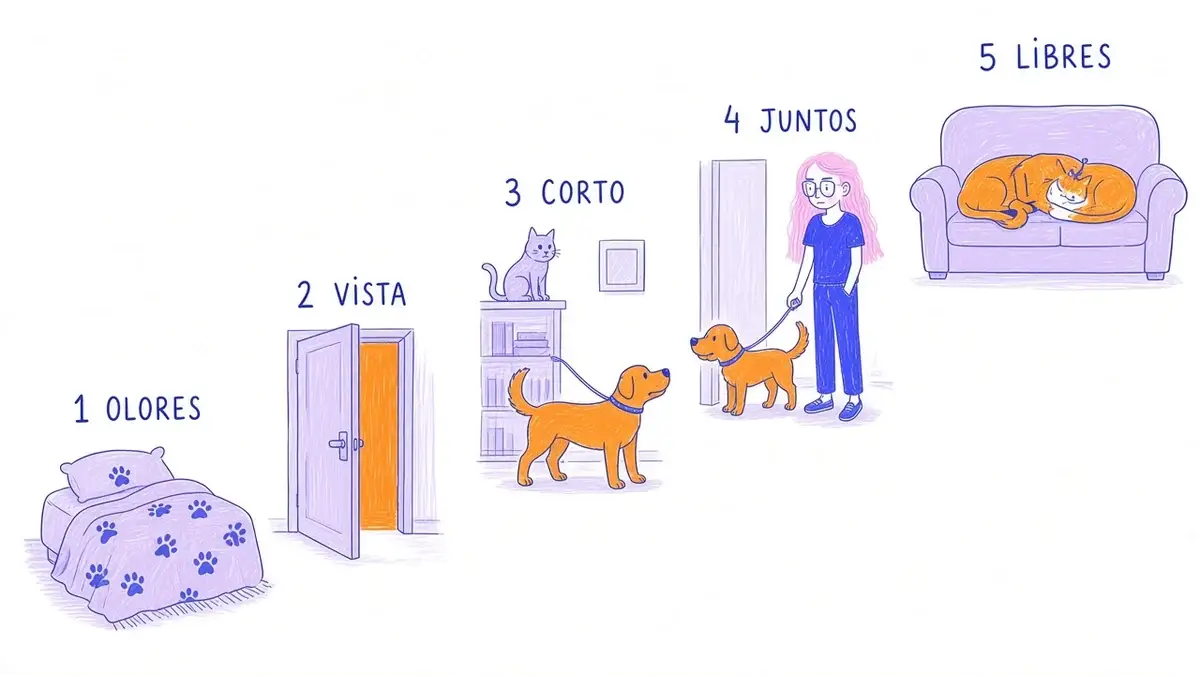 Infografía ilustrada con cinco etapas numeradas para presentar a un perro y un gato
