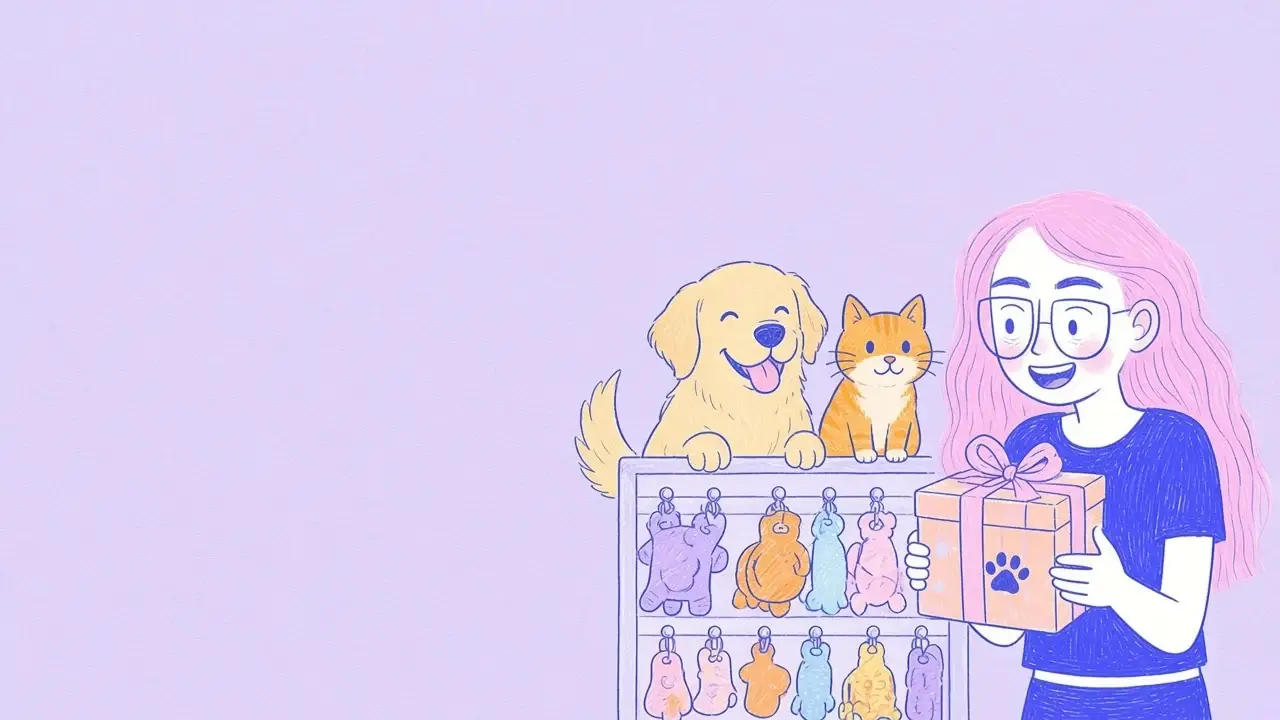 Ilustración de una mujer de pelo rosa con gafas que presenta una caja de regalo con una huella junto a un exhibidor de juguetes para mascotas, con un golden retriever y un gato naranja