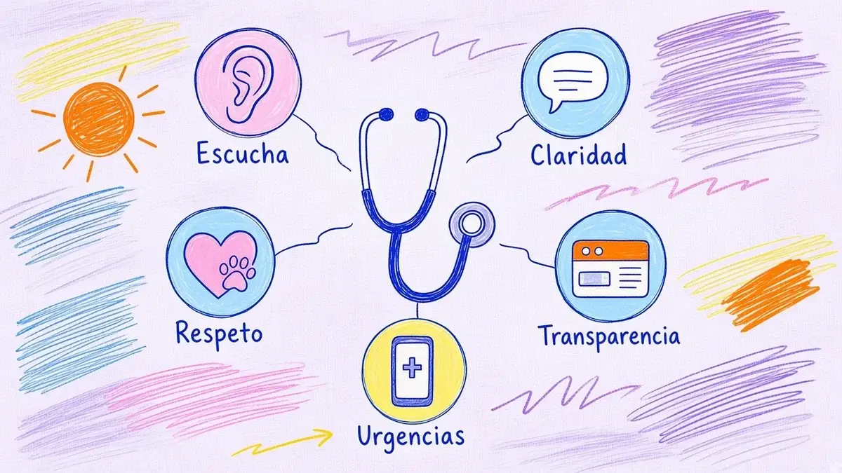 Infografía ilustrada con cinco cualidades de un buen veterinario: escucha, claridad, respeto, transparencia y plan de urgencias