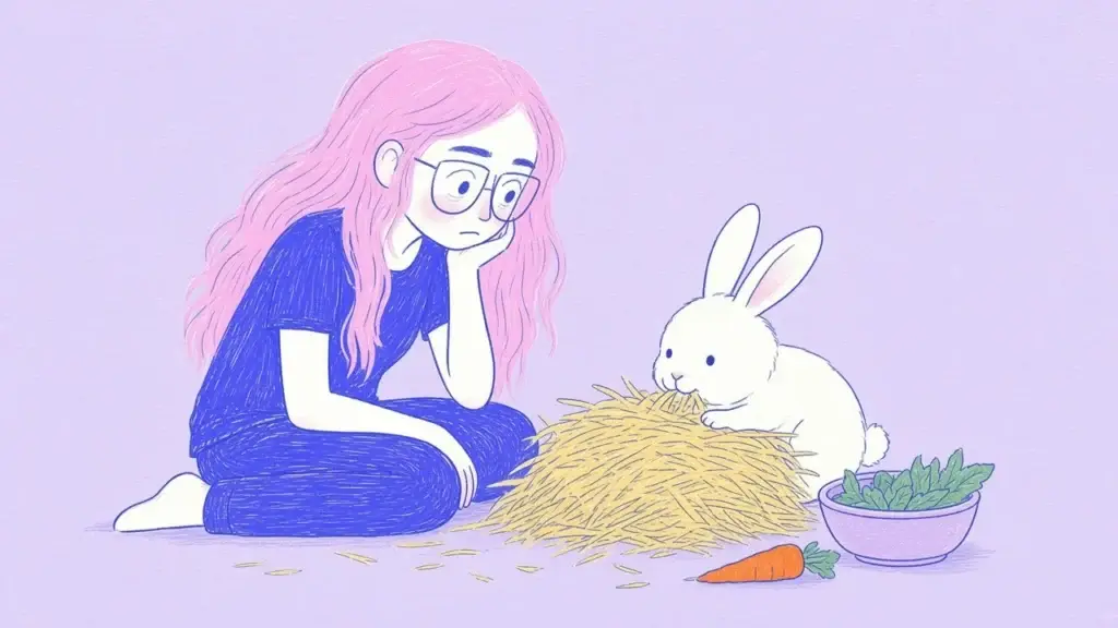 Ilustración de un conejo blanco comiendo heno junto a un cuenco con hojas verdes y una mujer de pelo rosa que lo observa