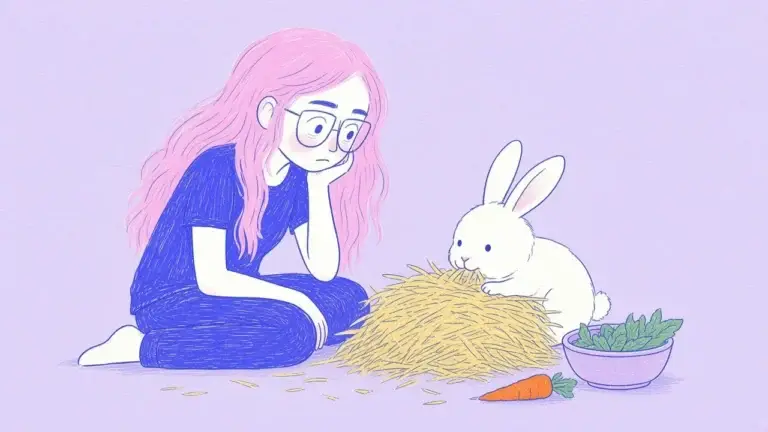 Ilustración de un conejo blanco comiendo heno junto a un cuenco con hojas verdes y una mujer de pelo rosa que lo observa