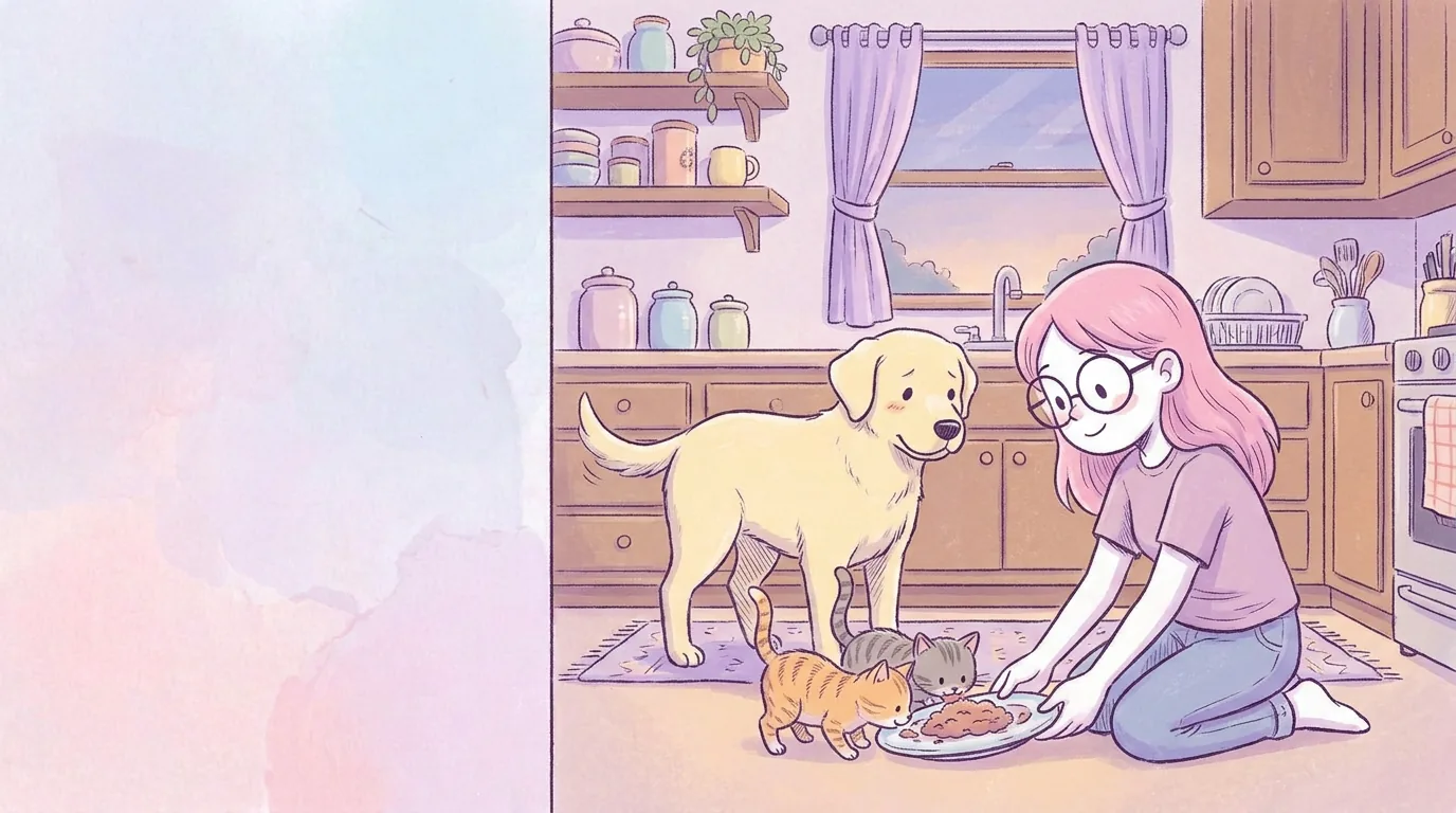 Ilustración: mila, de rodillas, ofrece un platito de comida húmeda a dos gatitos atigrados pequeños en una cocina acogedora; Térra mira con ternura desde atrás
