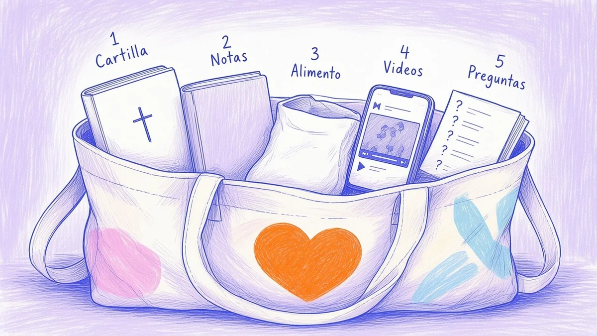 Qué llevar a la consulta veterinaria Infografía ilustrada con cinco elementos para llevar a la consulta: cartilla, notas, alimento, videos y preguntas
