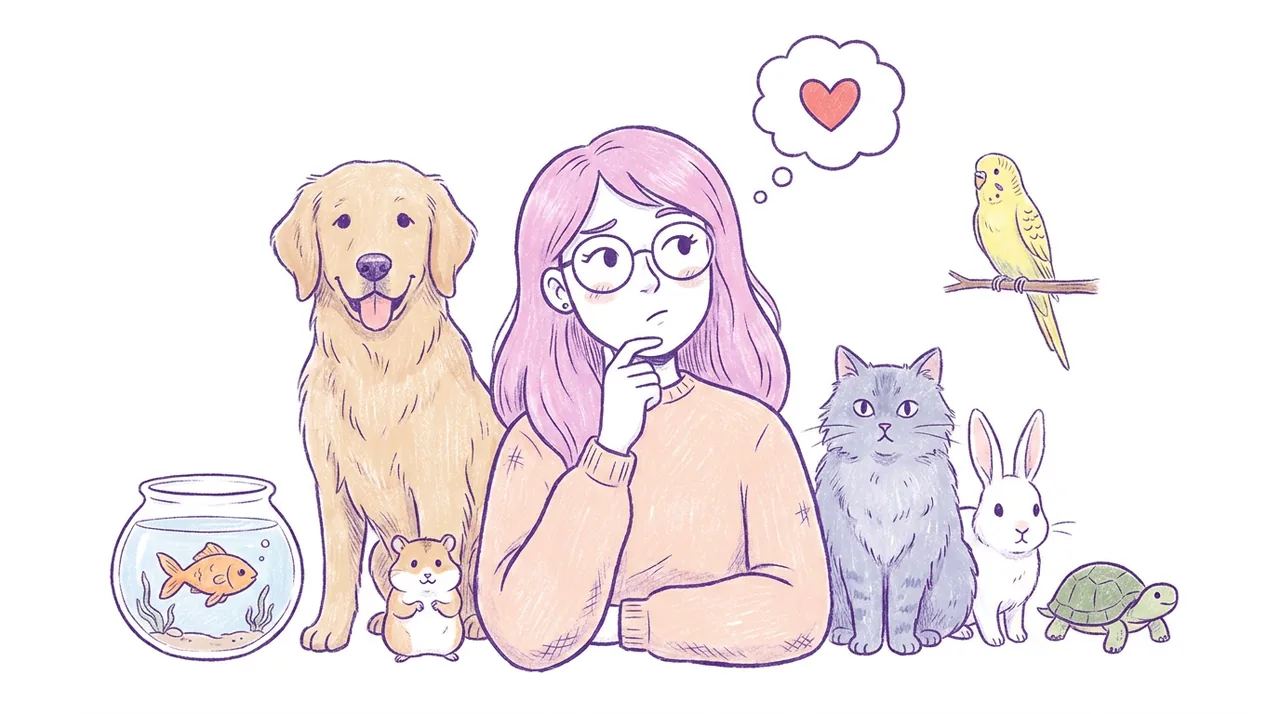 Ilustración de una mujer de pelo rosa pensativa rodeada de un perro, un gato, un conejo, un hámster, un pez y un loro
