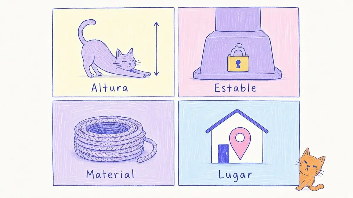 Infografía ilustrada con cuatro criterios para elegir un rascador: altura, estabilidad, material y ubicación