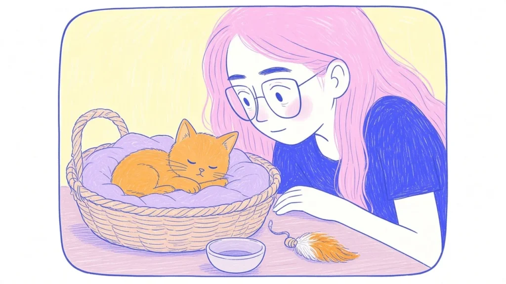 Ilustración de un gatito naranja pequeño en una cama suave junto a una mujer de pelo rosa que sostiene un biberón