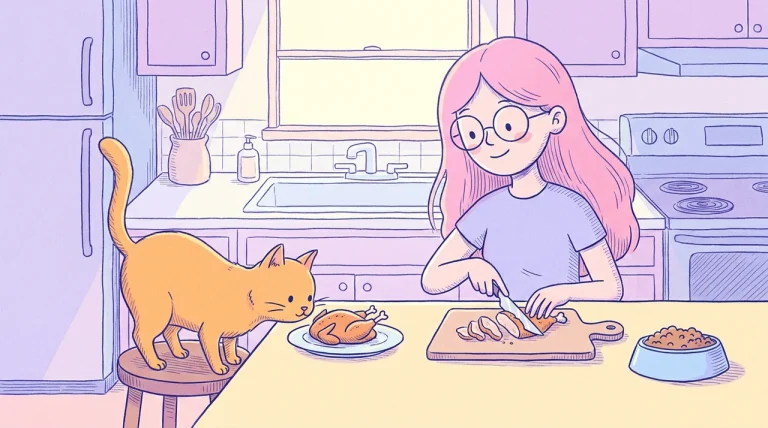 Ilustración de un gato naranja sentado en un taburete de cocina olfateando un plato con trocitos de pollo cocido mientras una mujer de pelo rosa corta pollo en una tabla, con un tazón de croquetas al lado