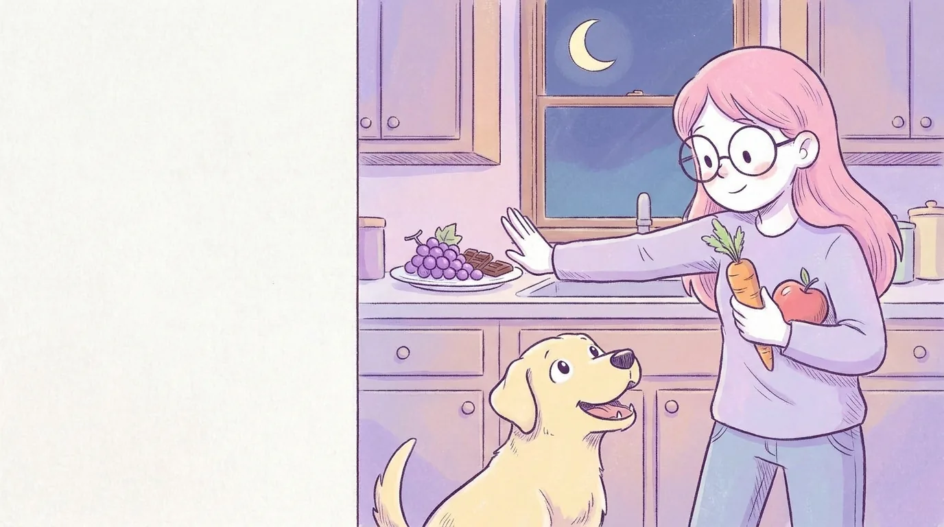 Ilustración: mila en la cocina sostiene una zanahoria y una manzana mientras aleja un plato con uvas y chocolate; Térra mira la zanahoria con ilusión