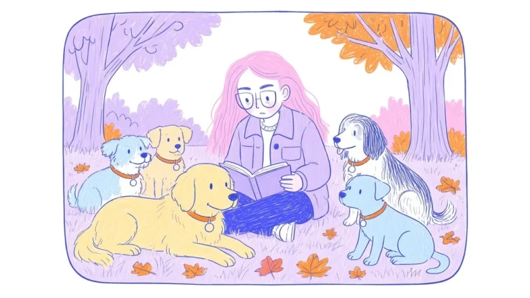 Ilustración de una mujer de pelo rosa y gafas rodeada de cuatro perros distintos: grande, pequeño, de pelo largo y de pelo corto