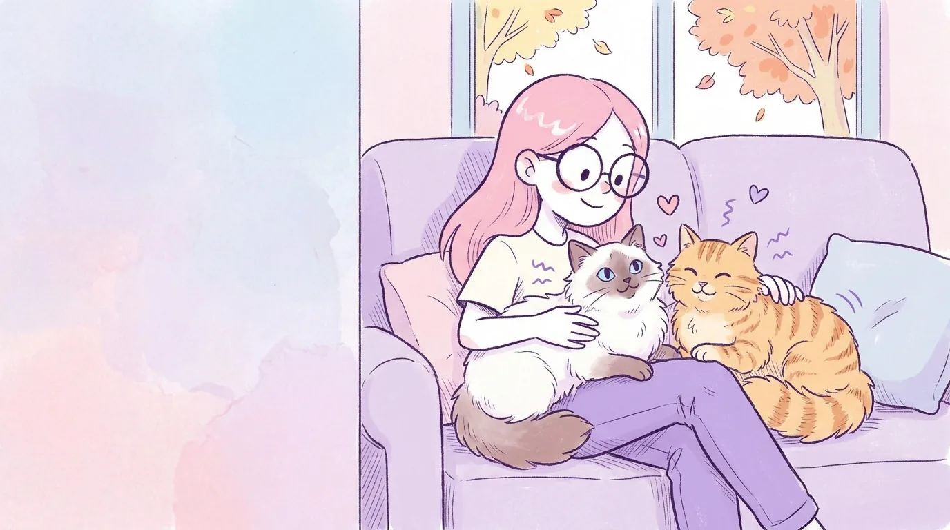 Ilustración: mila abrazada en el sofá con un gato ragdoll blanco y un gato naranja que ronronean en su regazo
