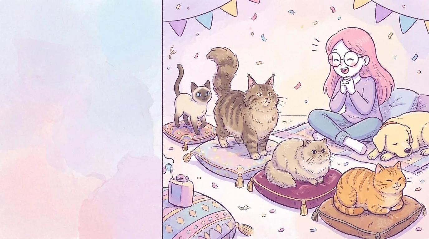 Ilustración: un desfile alegre de gatos de distintas razas (siamés, maine coon grande, persa, gato mestizo naranja) sentados en cojines mientras Mila los observa encantada