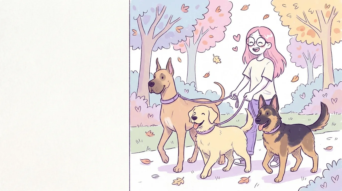 Ilustración: mila camina por un parque con un gran danés, un golden retriever y un pastor alemán, todos tranquilos y felices