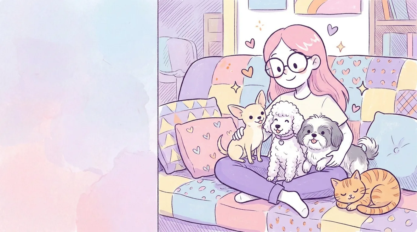 Ilustración: mila sentada con tres perros pequeños en su regazo y alrededor (chihuahua, poodle toy, shih tzu) en un sofá colorido