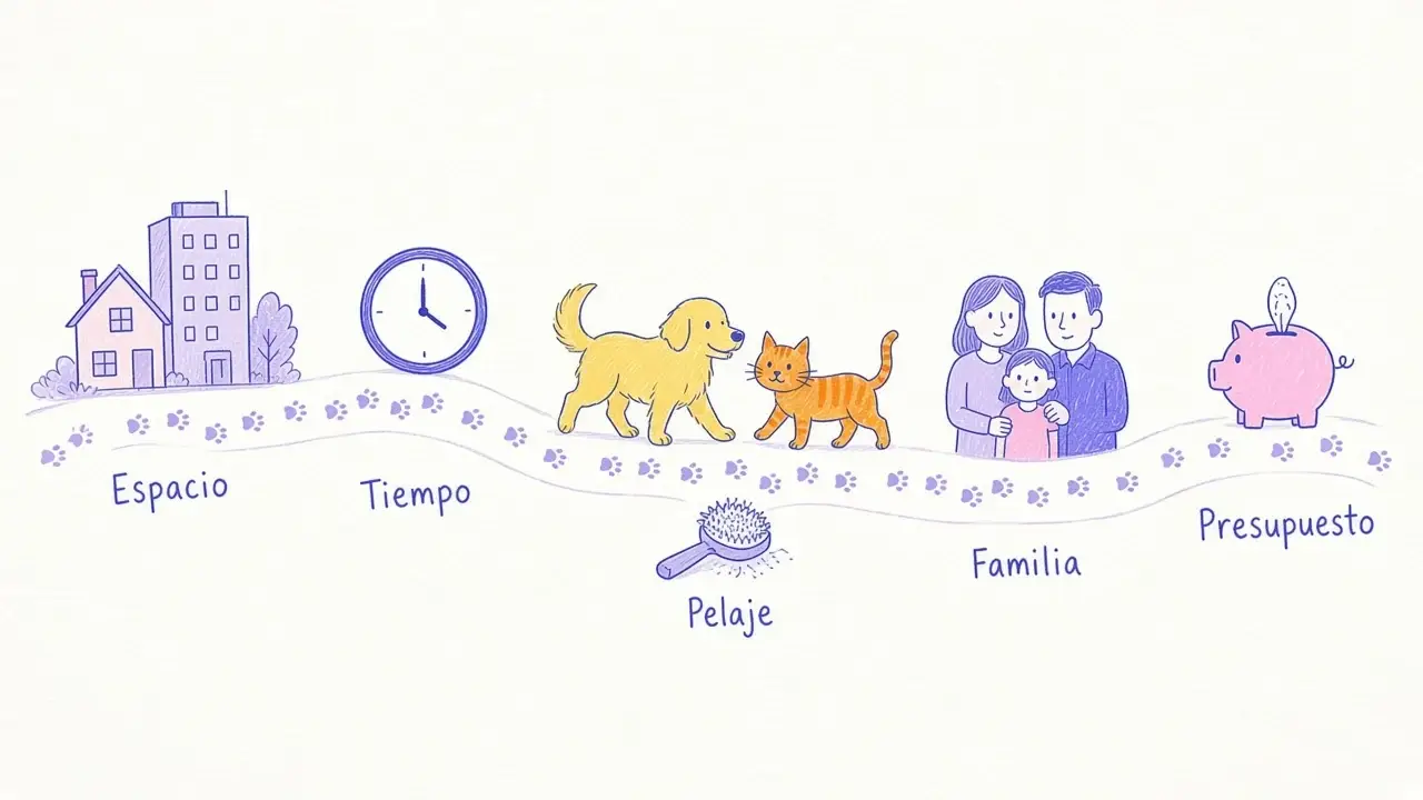 Infografía ilustrada con cinco criterios para elegir raza: espacio, tiempo, pelaje, familia y presupuesto