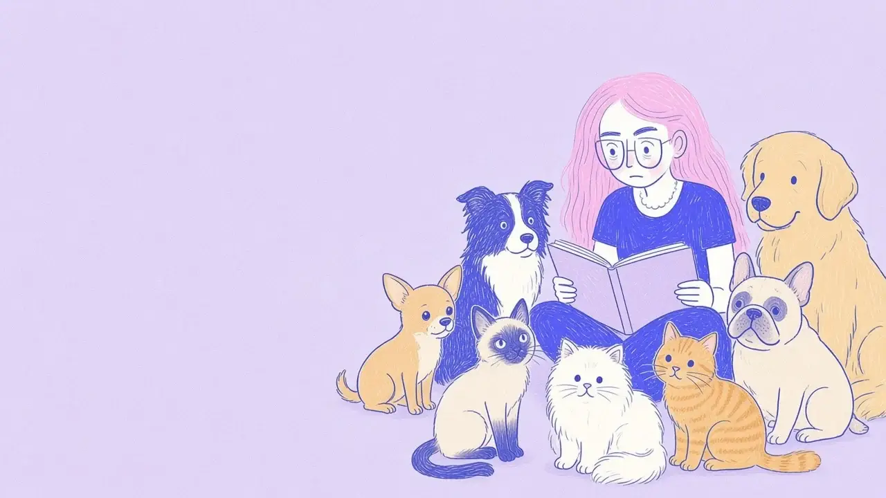Ilustración de una mujer de pelo rosa con gafas junto a perros y gatos de varias razas, un golden retriever y un gato naranja