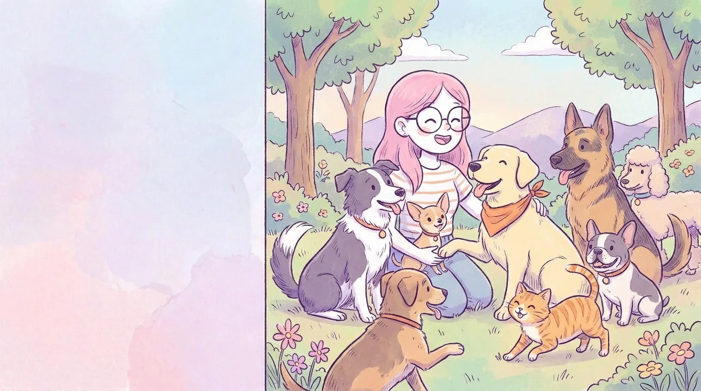 Ilustración: grupo alegre de perros de razas variadas (chihuahua, border collie, pastor alemán, poodle, bulldog francés, perro mestizo) en un parque pastel junto a Mila y Térra
