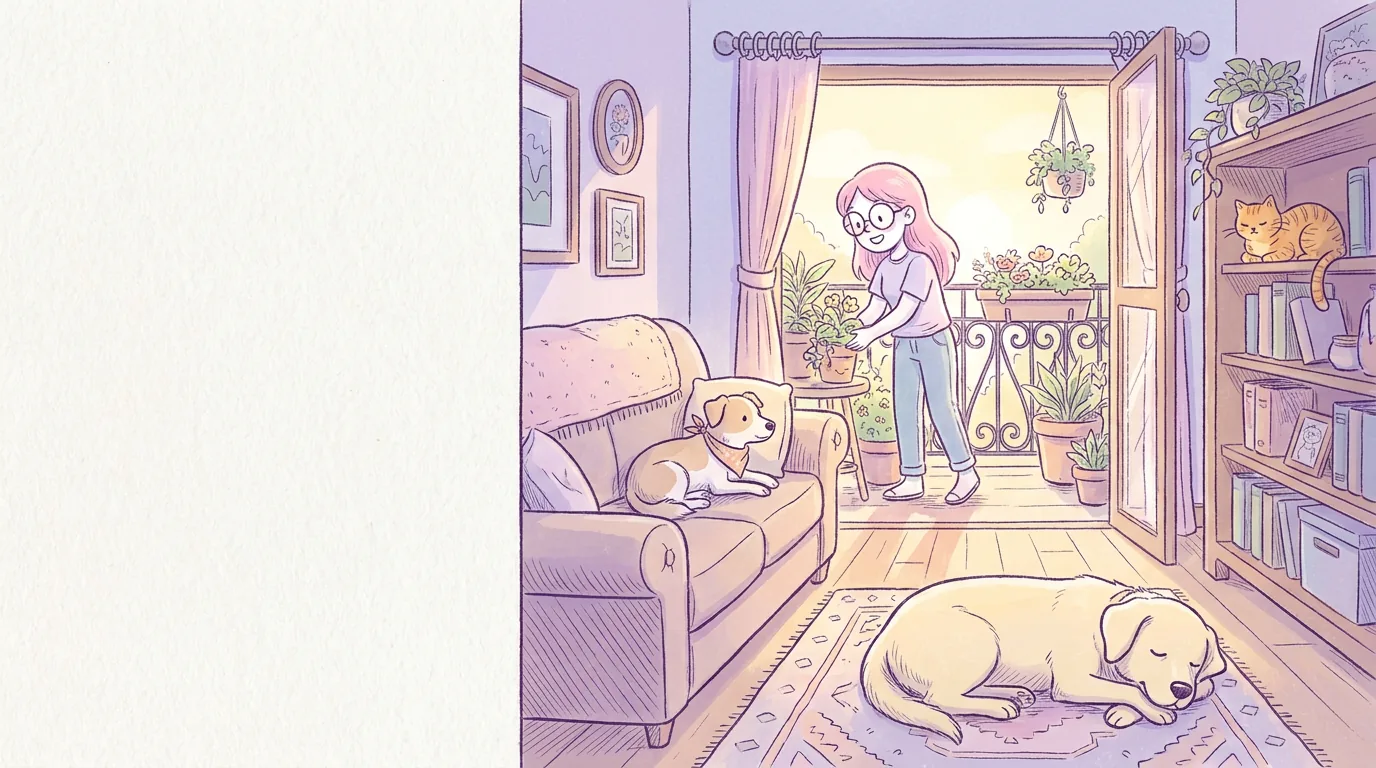 Ilustración: mila en un departamento pequeño y luminoso con balcón de plantas, con un perro pequeño tranquilo en el sofá y Térra descansando en una alfombra