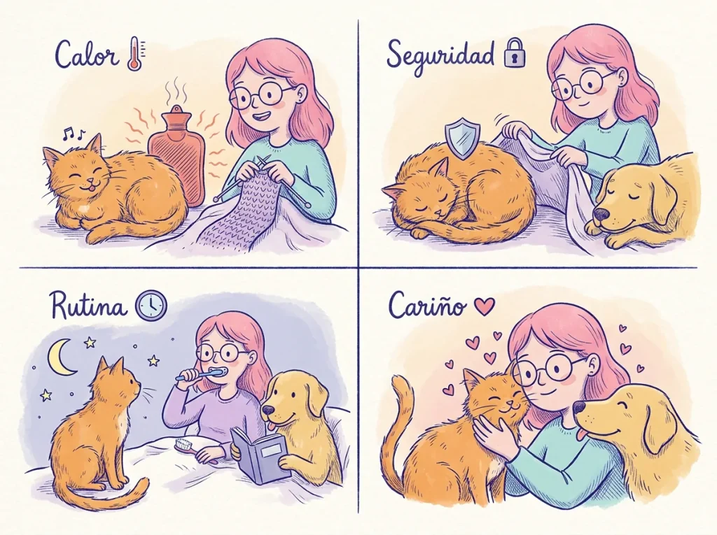 Infografía con cuatro viñetas de un gato naranja que ilustran por qué duerme con su persona: calor, seguridad, rutina y cariño