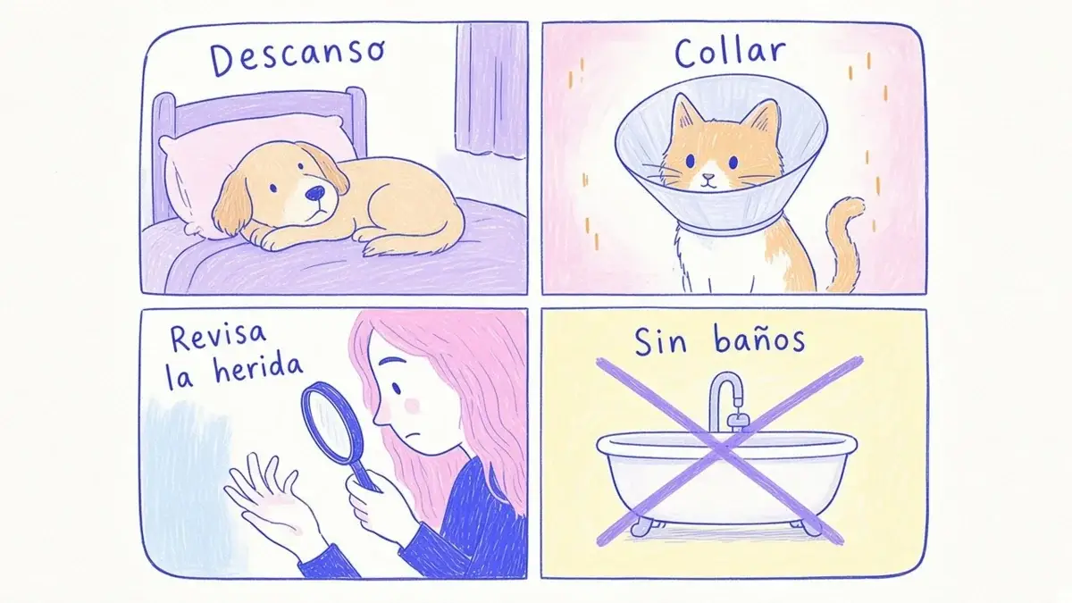 Infografía ilustrada con cuatro cuidados tras la esterilización: descanso, collar isabelino, revisar la herida y sin baños
