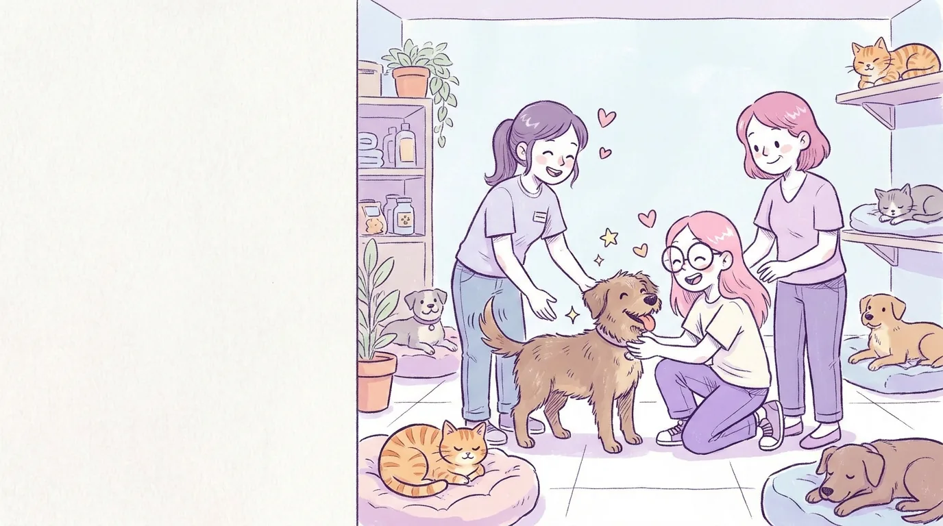Ilustración: mila y su familia visitan un refugio luminoso, una voluntaria presenta a un perro mestizo feliz; varios perros y gatos descansan en camas
