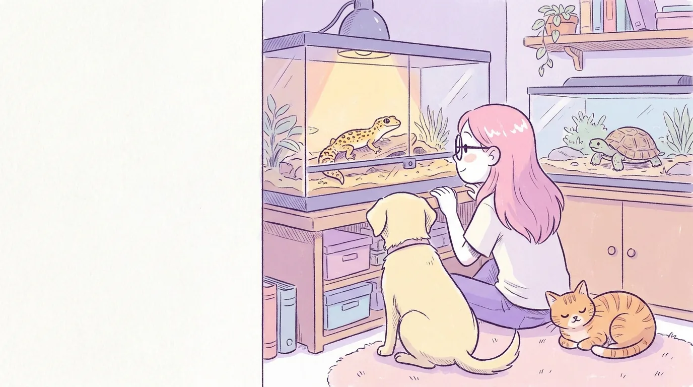 Ilustración: mila observa un terrario amplio con un gecko leopardo bajo luz cálida y una tortuga en otro hábitat, ambiente de estudio