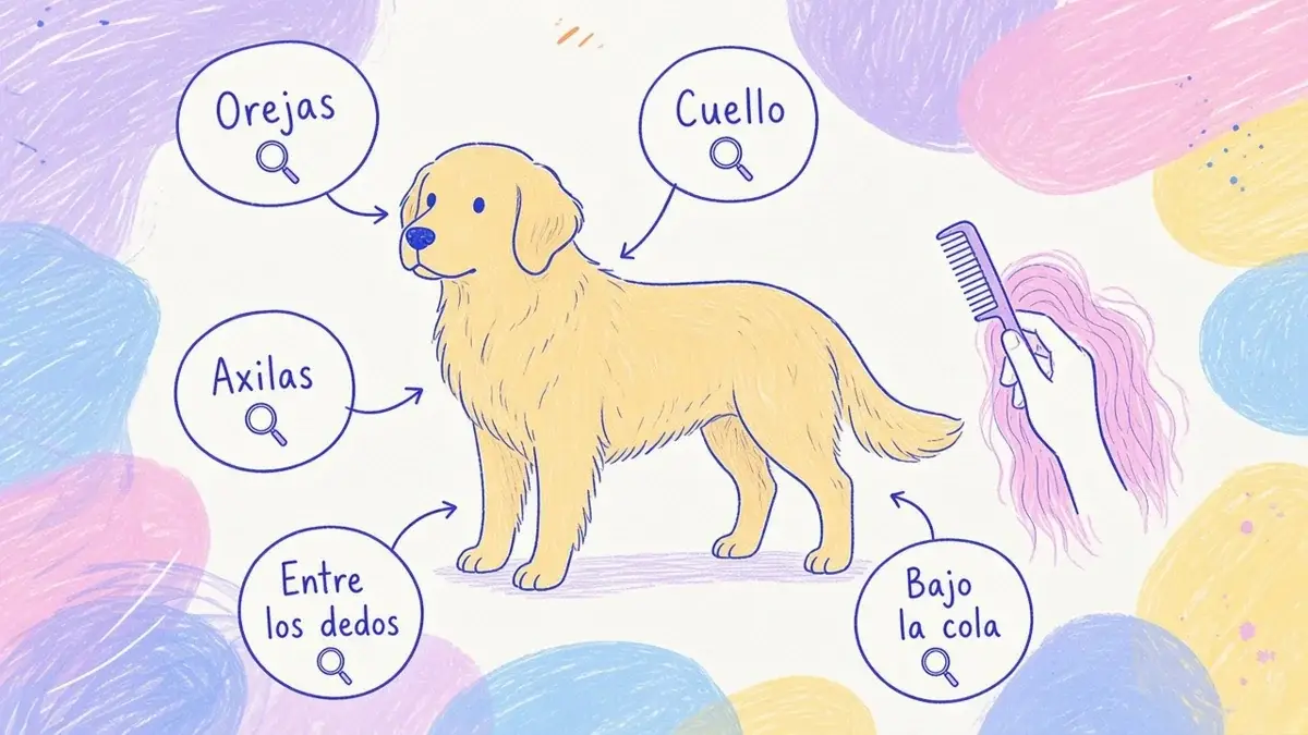 Infografía ilustrada de un golden retriever con círculos marcando orejas, cuello, axilas, entre los dedos y bajo la cola