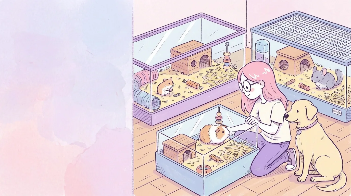 Ilustración: un hámster, un cobayo y una chinchilla en hábitats amplios con escondites y heno, Mila los mira con ternura