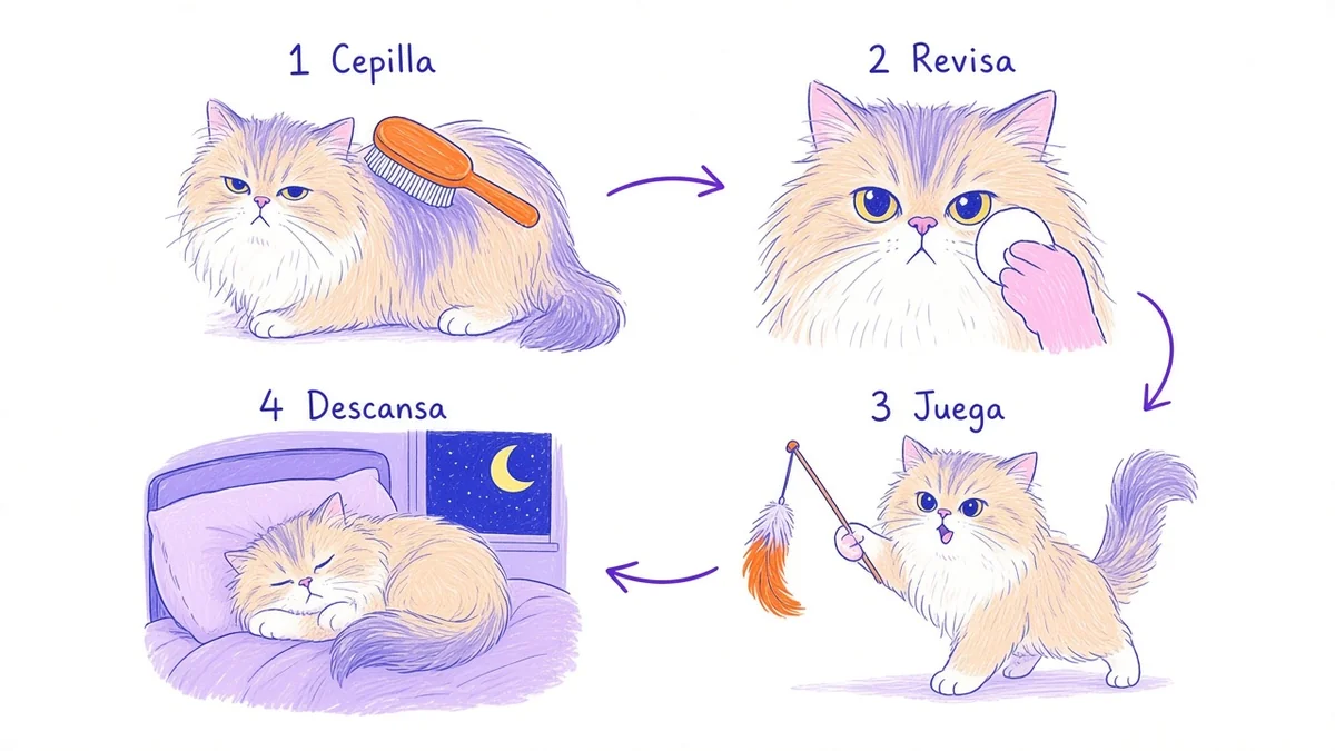 Infografía ilustrada con cuatro pasos de la rutina diaria de un gato persa: cepillar, revisar ojos, jugar y descansar