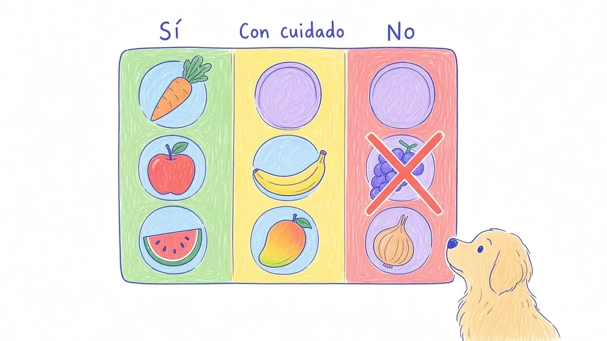 Semáforo de frutas y verduras para perros Infografía ilustrada tipo semáforo con tres columnas de colores: frutas y verduras seguras, con cuidado y a evitar