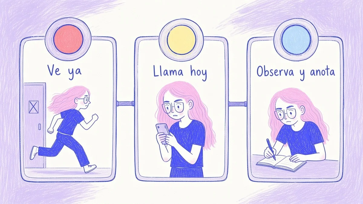 Infografía ilustrada con tres tarjetas tipo semáforo: ir ya, llamar hoy y observar y anotar