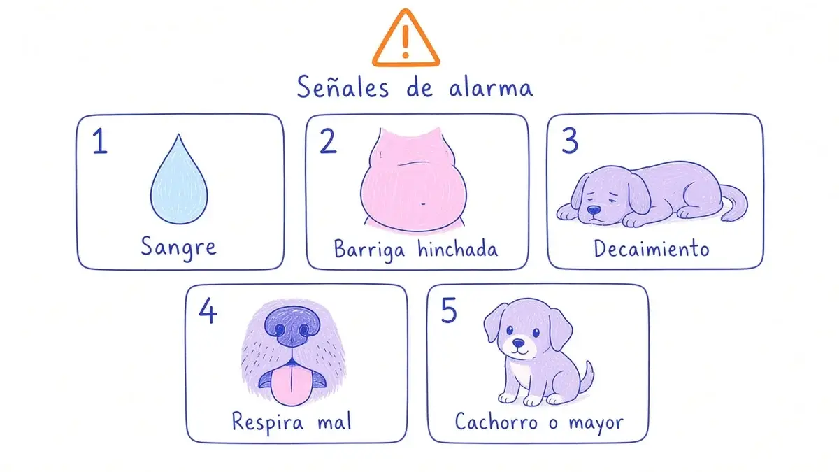 Infografía ilustrada con cinco señales de alarma ante el vómito de un perro, cada una con un ícono