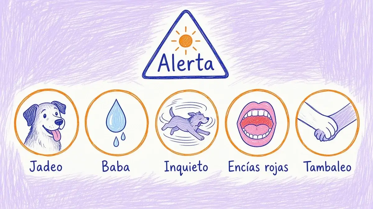 Infografía ilustrada con cinco señales de golpe de calor: jadeo, baba, inquietud, encías rojas y tambaleo