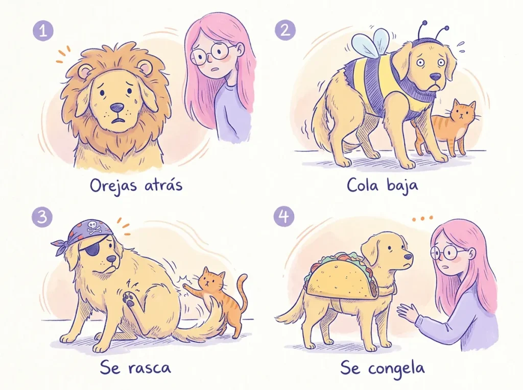 Infografía con cuatro viñetas de un golden retriever disfrazado mostrando señales de incomodidad: orejas atrás, cola baja, se rasca el disfraz y se queda congelado