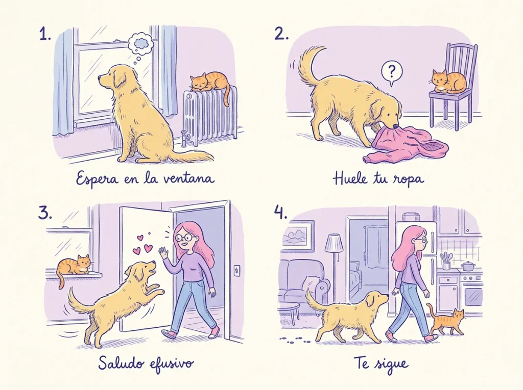 Infografía con cuatro señales de que un perro te extraña: espera en la ventana, huele tu ropa, te saluda con efusividad y te sigue por la casa