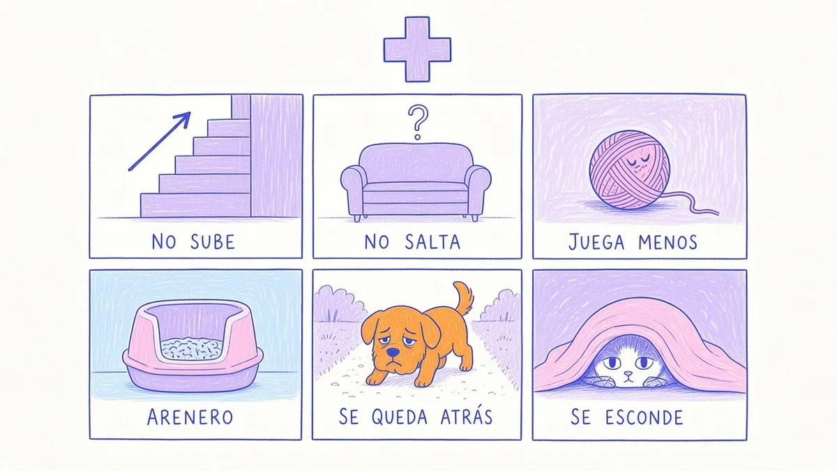 Infografía ilustrada con seis señales de dolor articular en perros y gatos mayores, con íconos