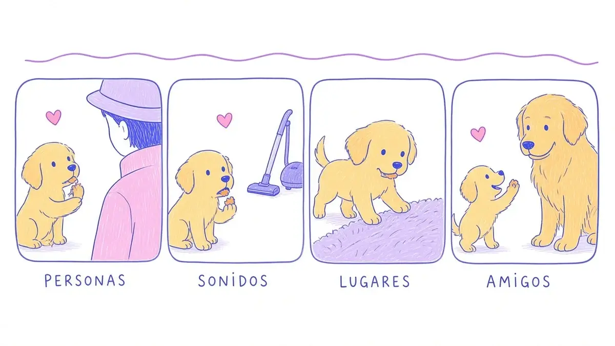 Infografía ilustrada con cuatro experiencias nuevas para un cachorro: personas, sonidos, lugares y compañeros tranquilos